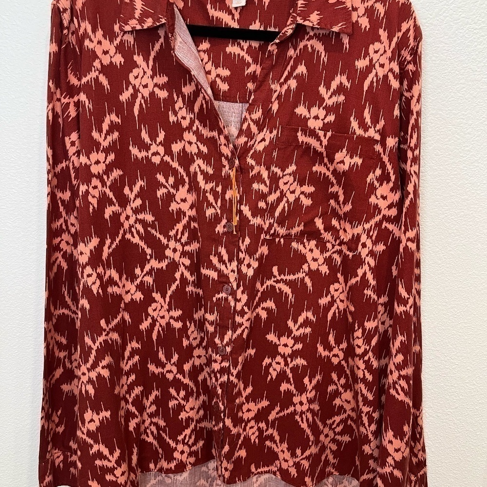KNOX Rose Plus Size Burgundy Hibiscus Print Button Front Shirt Plus Size XXL
